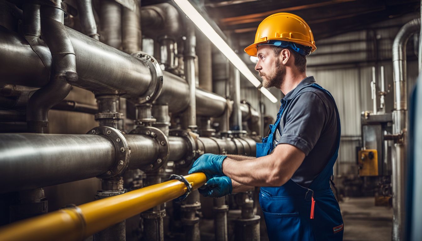A plumber is seen working on a pipe installation in an industrial setting.