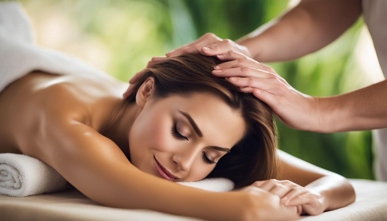 A woman enjoys a soothing shoulder massage in a tranquil spa setting.