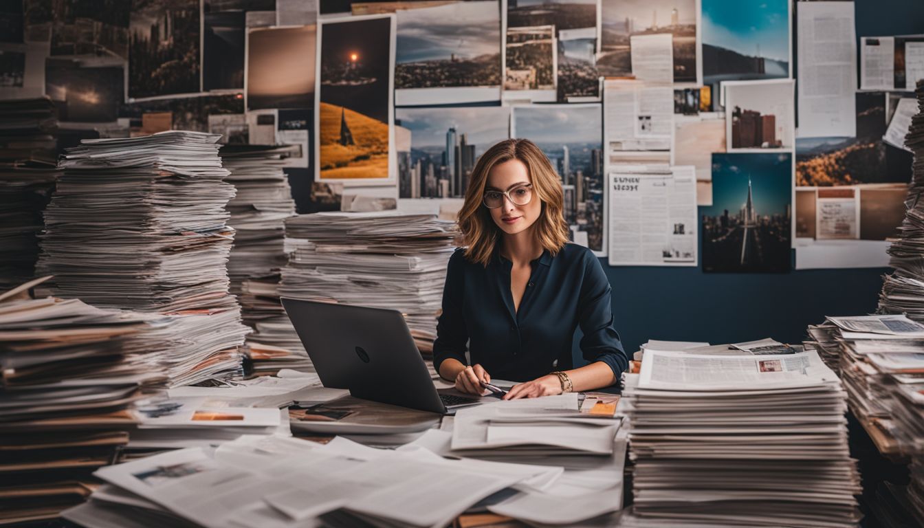 A woman at a desk surrounded by stacks of newsletters and promotional materials in a bustling atmosphere.