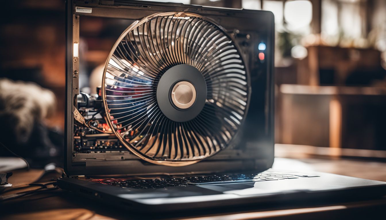 A photo of the interior of a laptop with a dusty fan and various people with different appearances and outfits.