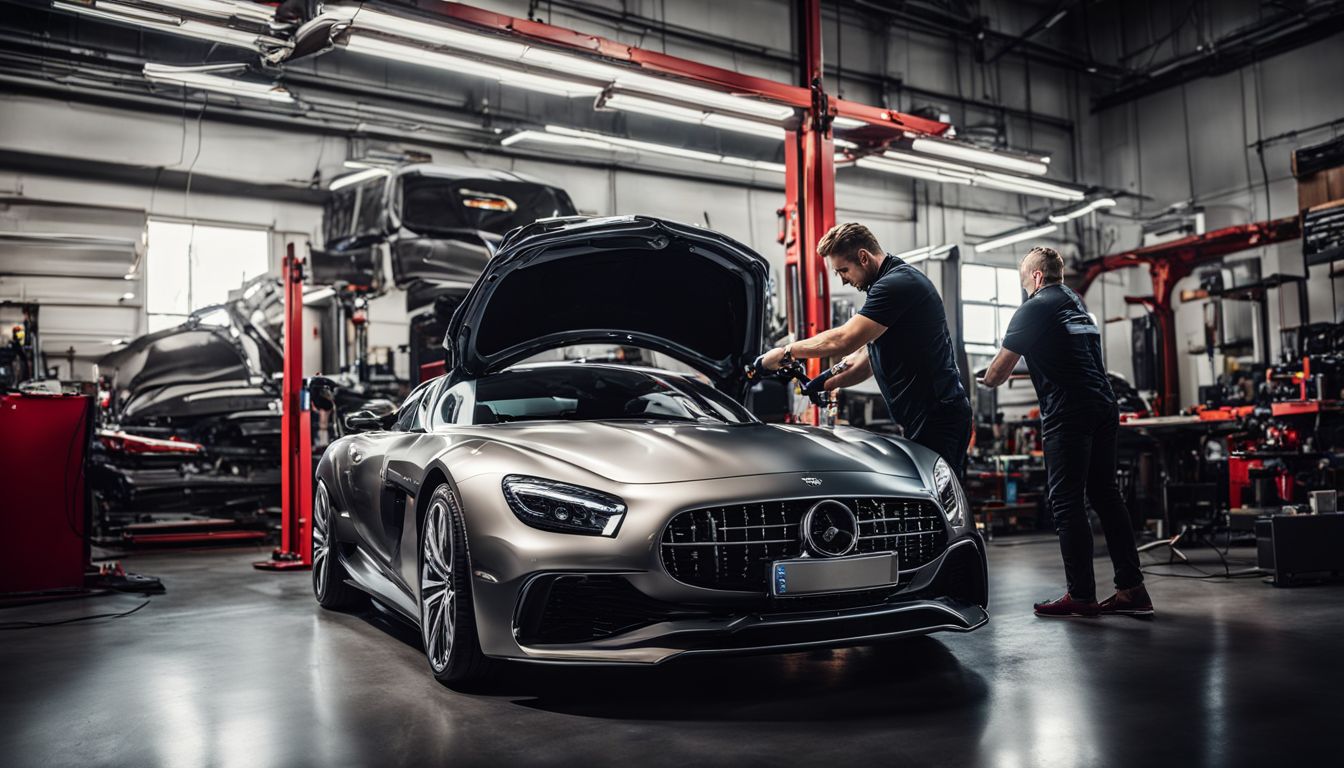 A luxury car is being professionally polished and groomed in a state-of-the-art car workshop.