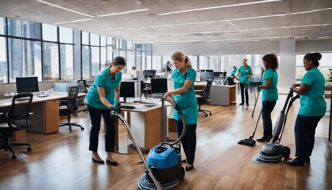 A diverse group of office cleaners working together to provide top-quality service.