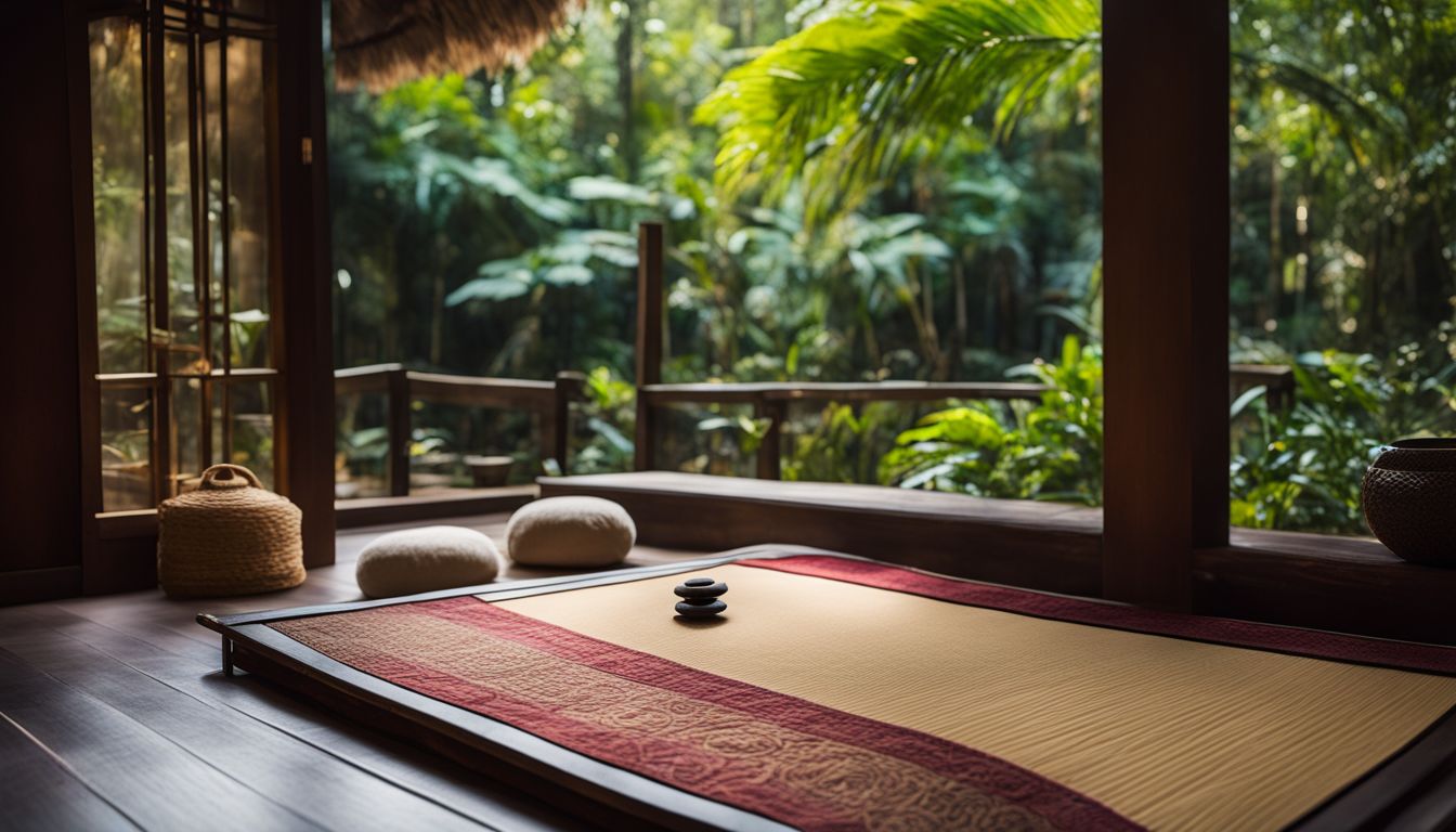 A serene zen garden with a Thai massage mat and spa materials, featuring diverse people enjoying the peaceful atmosphere.