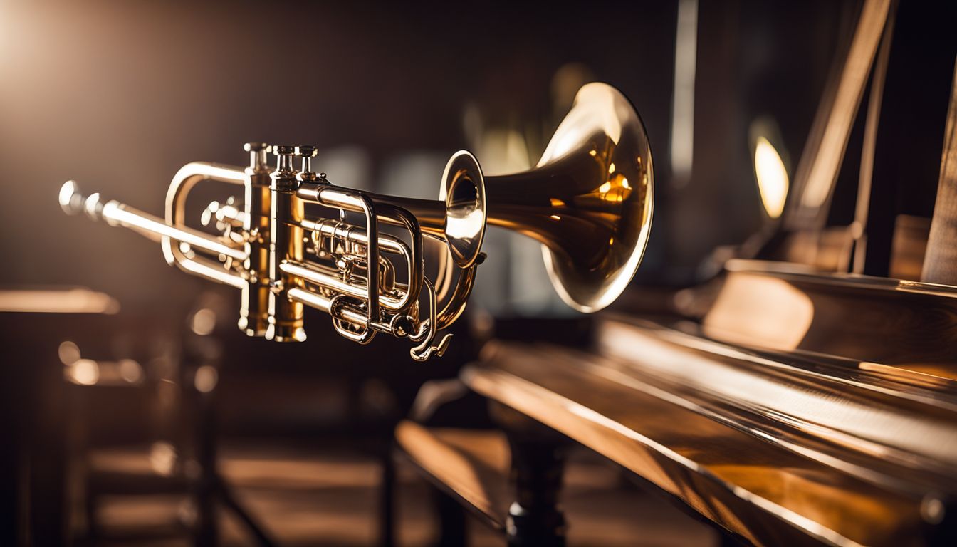 A beautifully illuminated trumpet is placed on a music stand in a well-lit practice room.