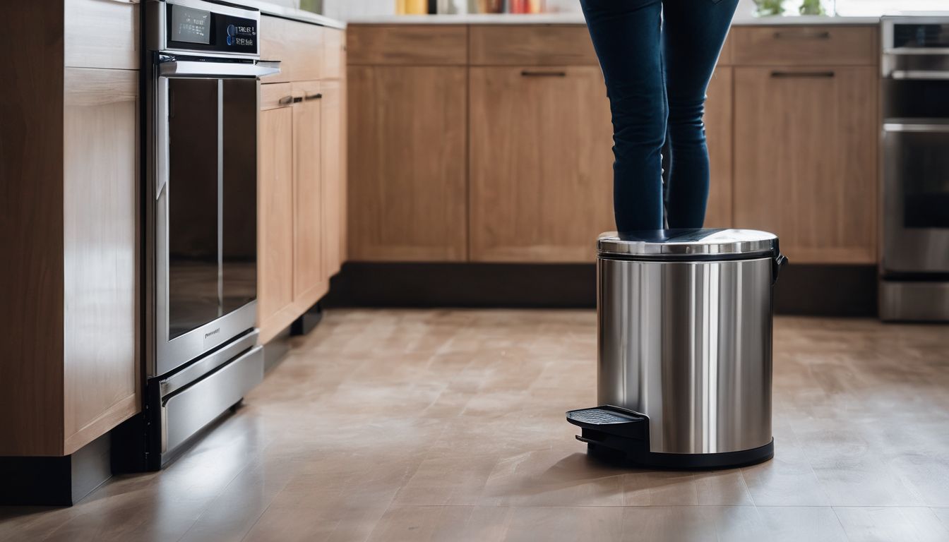 A person using a stainless steel step bin pedal to open the lid in a modern kitchen.