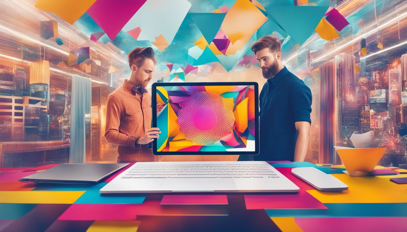 A designer using a digital tablet is surrounded by colorful graphics and design elements in a bustling atmosphere.