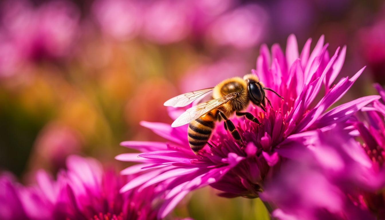 A honeybee gathering nectar from a vibrant field of flowers in a bustling natural environment.