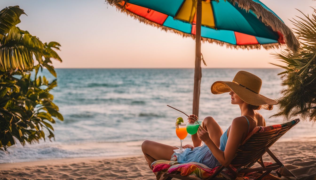 A photo of Summer enjoying a tropical cocktail under a colorful beach umbrella in a bustling atmosphere.
