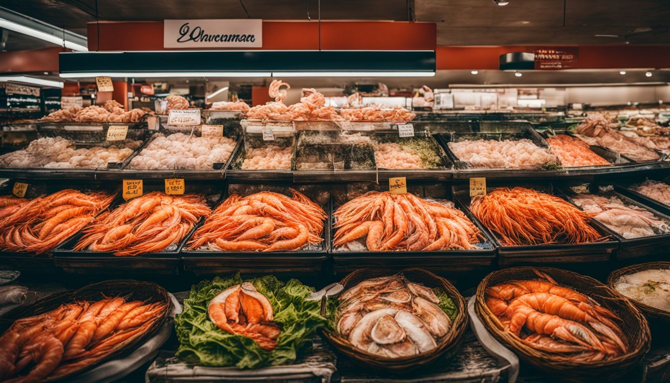 A display of fresh prawns and seafood at a bustling supermarket, captured in vibrant detail.