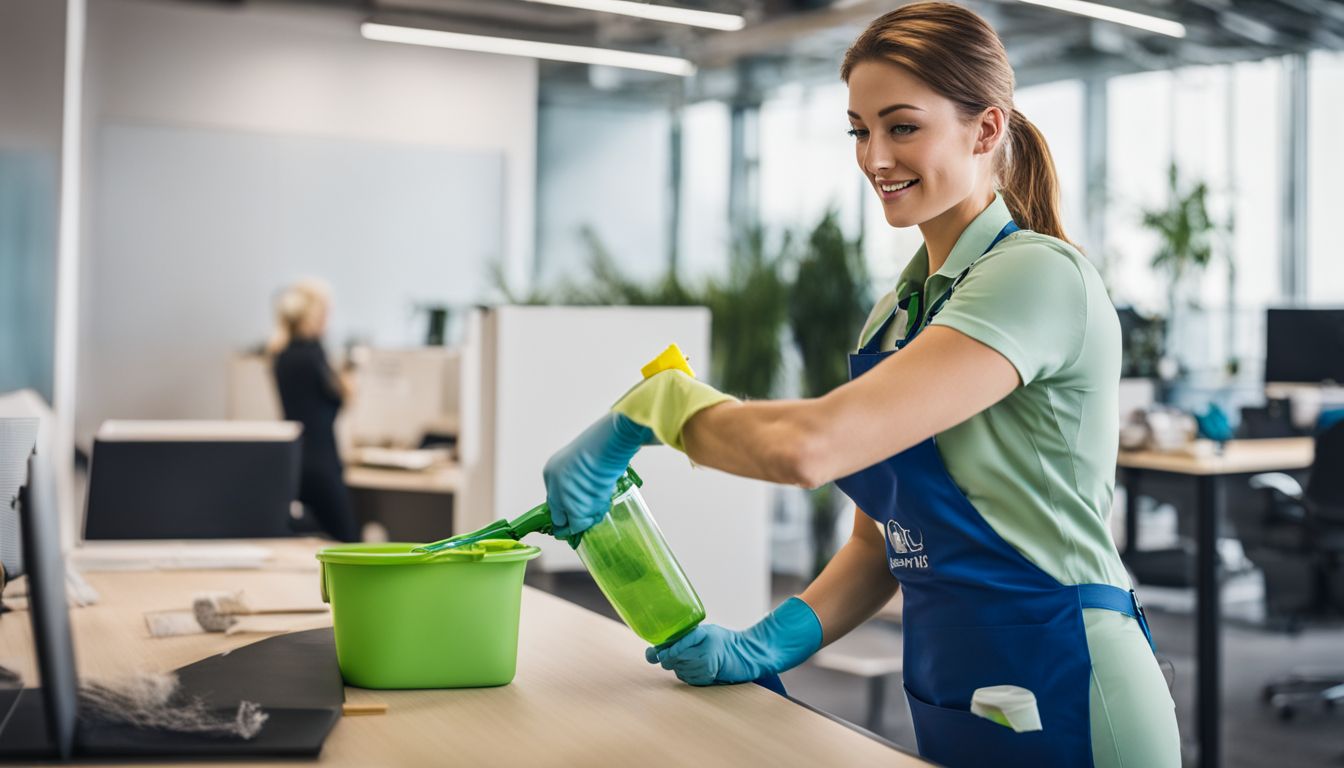 A professional cleaner uses eco-friendly products to clean an office space in a bustling atmosphere.