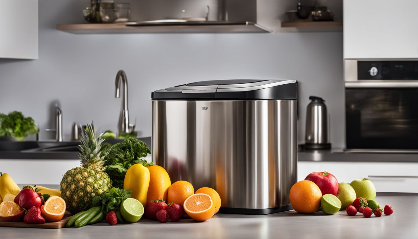 A photo of a sleek stainless steel swing top bin in a modern kitchen with fruits and vegetables being disposed.