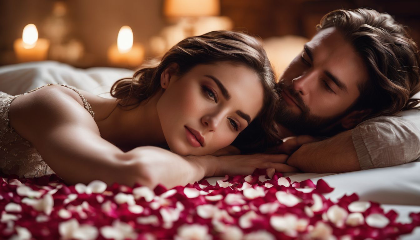 A photo of a couple covered in rose petals and surrounded by candlelight on a bed.