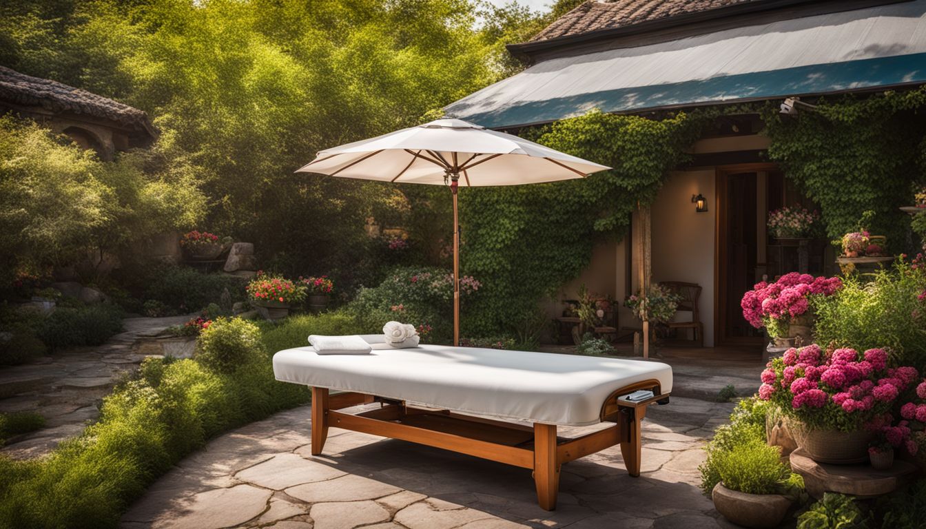 A peaceful garden with blooming flowers and a massage table in a bustling atmosphere.