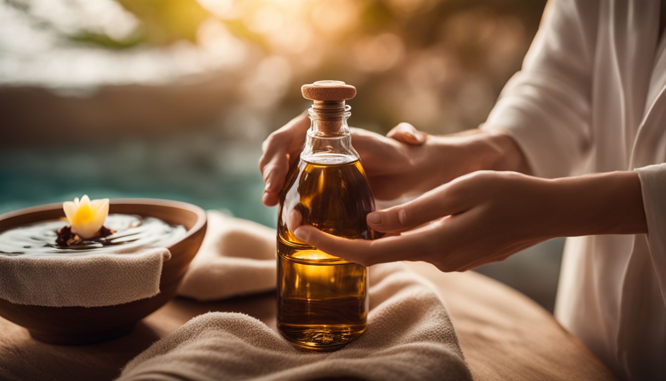 A close-up photo of hands holding a massage oil bottle surrounded by soothing spa elements.