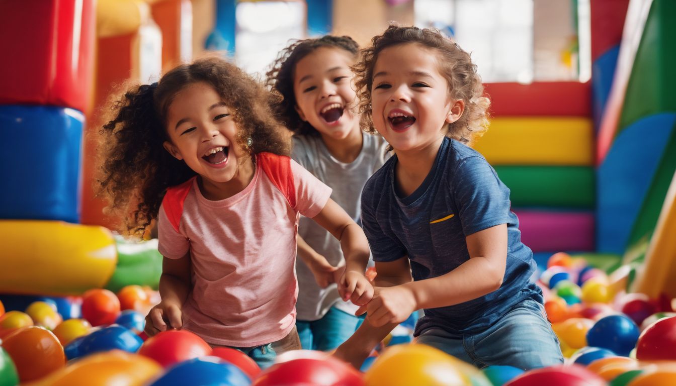 A diverse group of children are happily playing together in a colorful indoor play area.