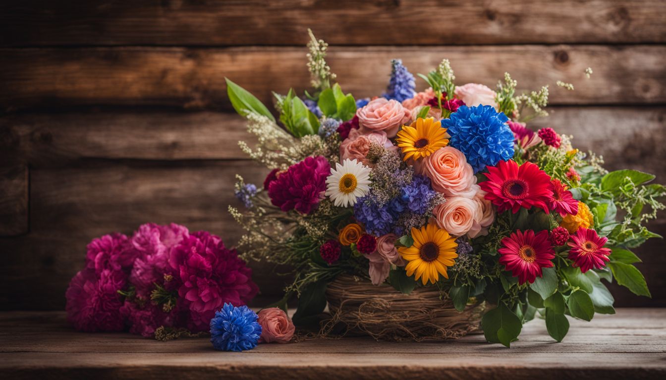A vibrant bouquet of flowers is set against a rustic wooden backdrop, creating a picturesque scene.