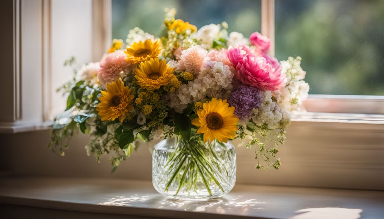 A vase filled with fresh flowers is displayed on a sunlit window sill in a bustling atmosphere.