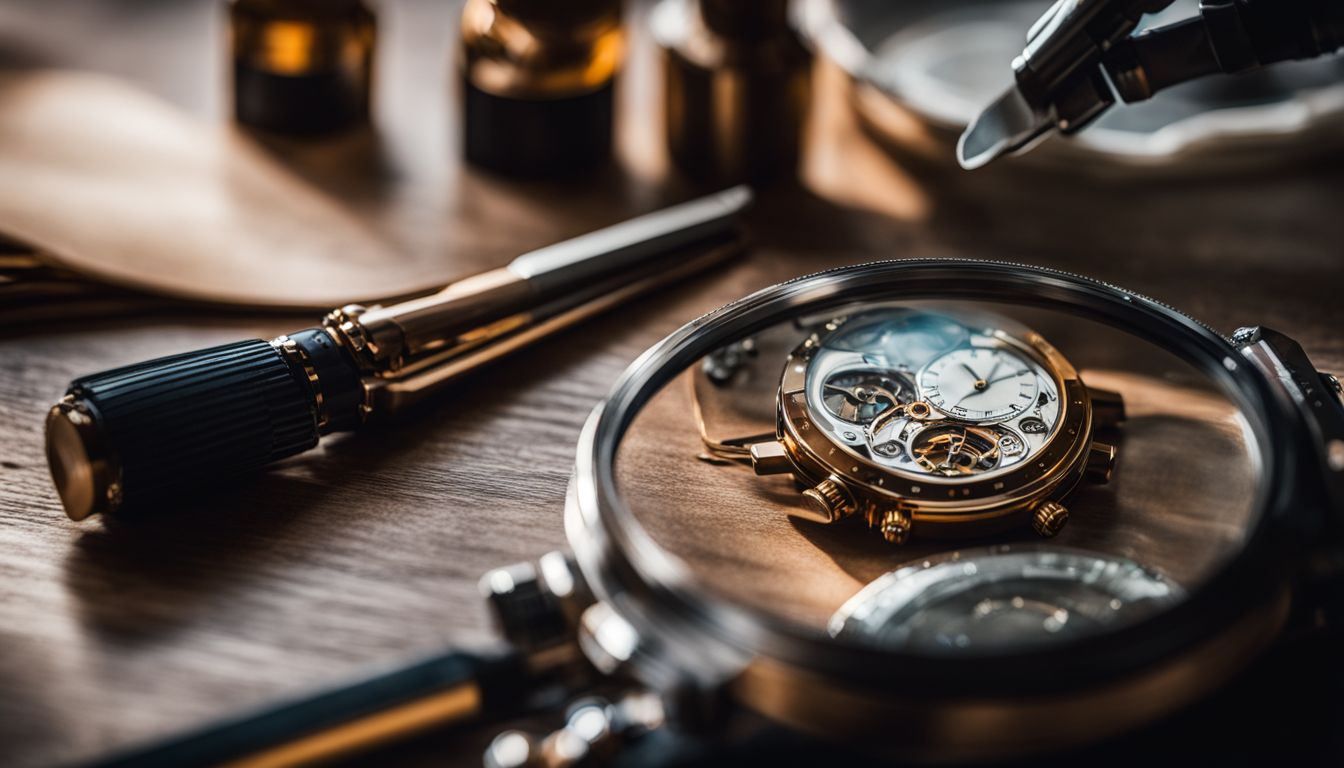 A close-up photo of a luxury watch being examined with professional tools.