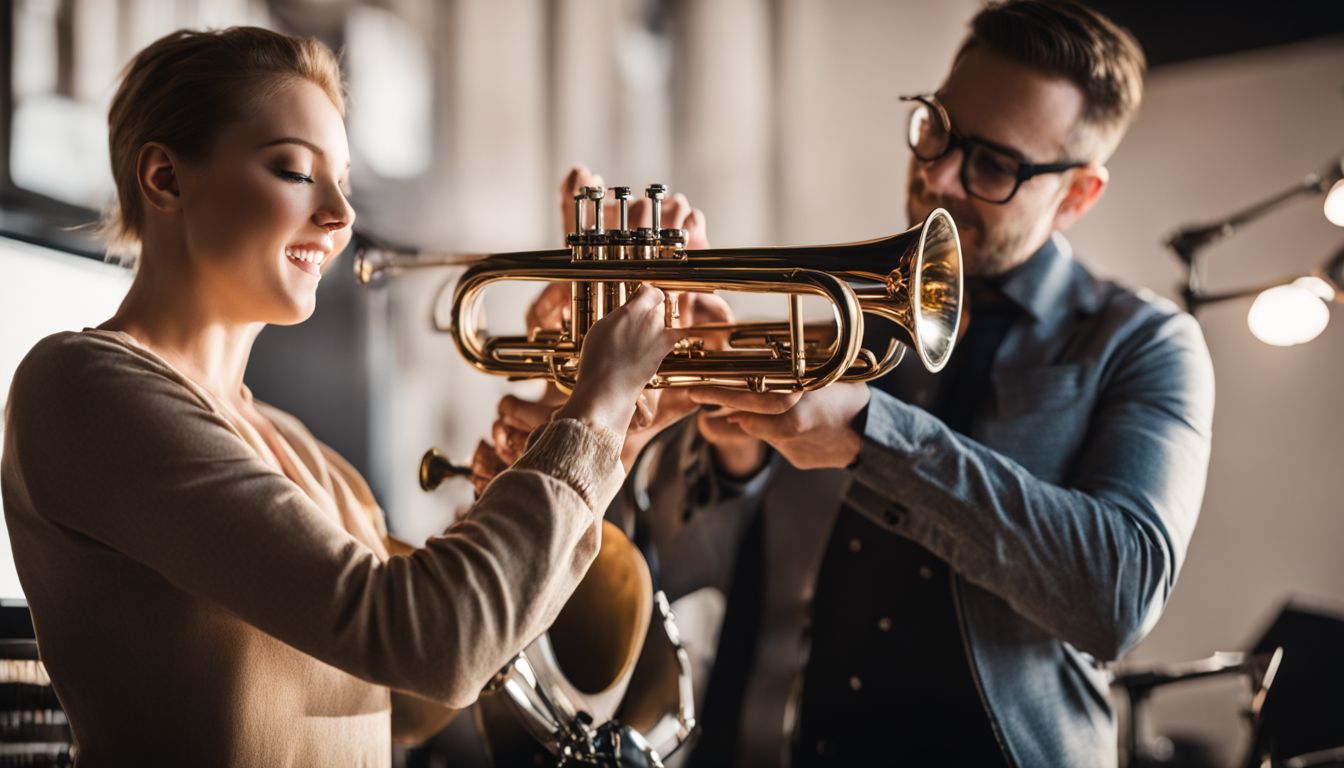 A trumpet teacher and student engage in a lively music session in a well-lit studio.