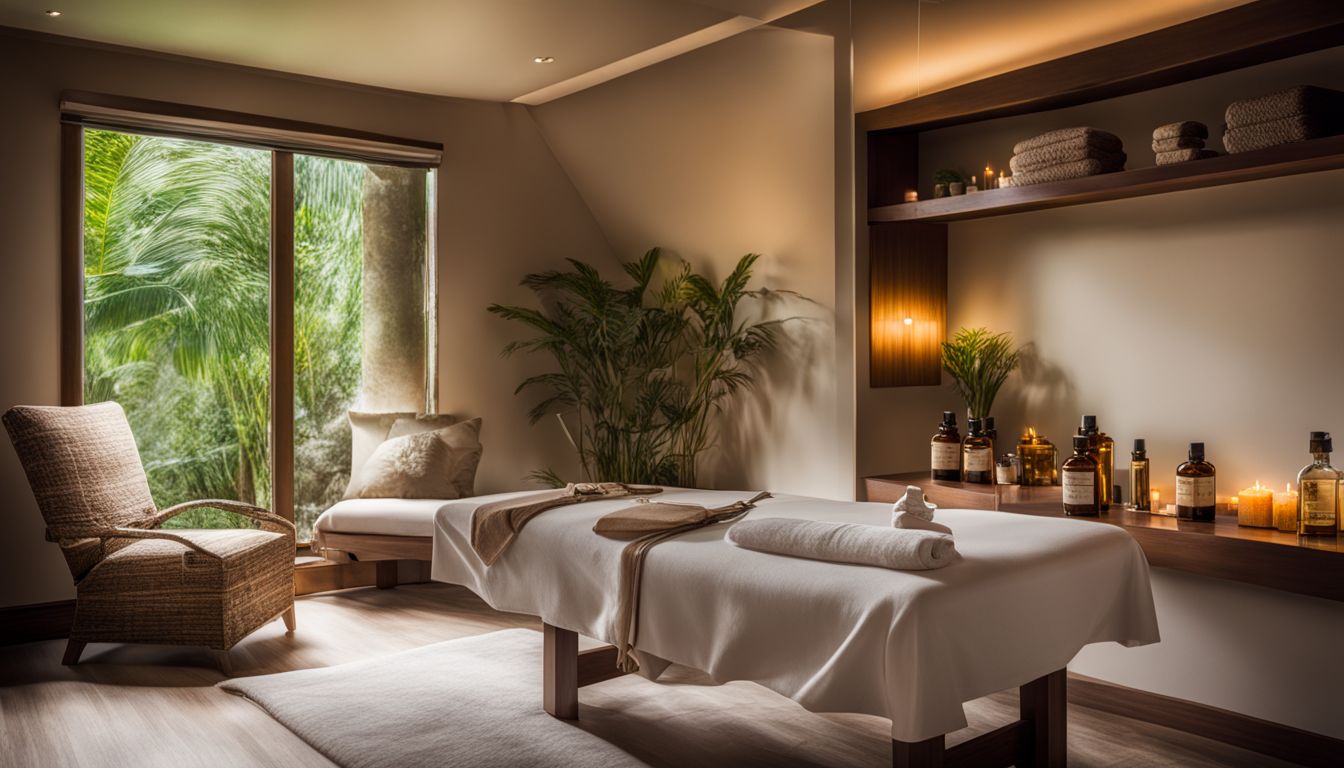 A spa room with a massage table and essential oils, featuring people in various outfits and hairstyles.