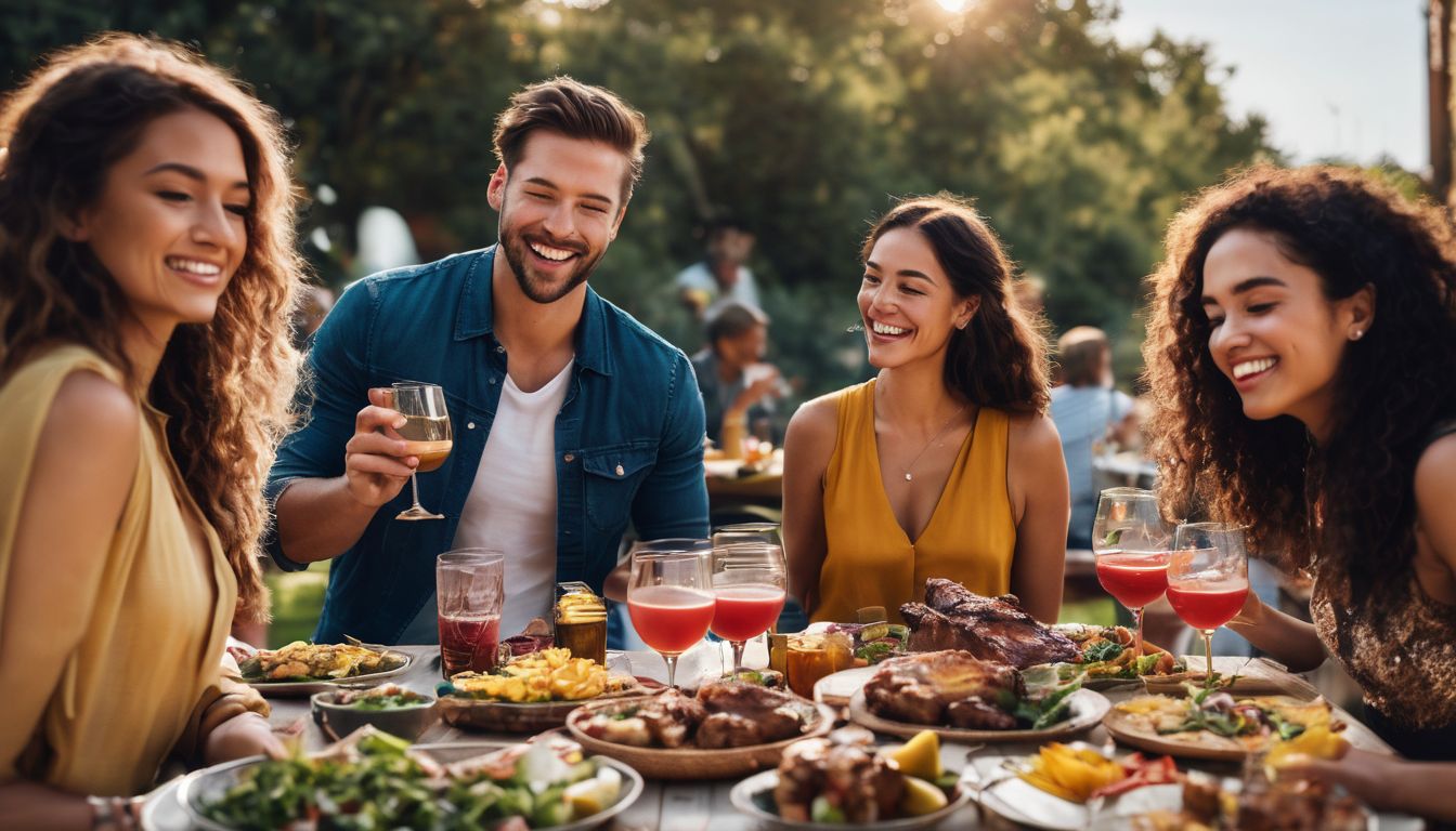 A diverse group of people enjoy a BBQ feast in a vibrant outdoor setting.