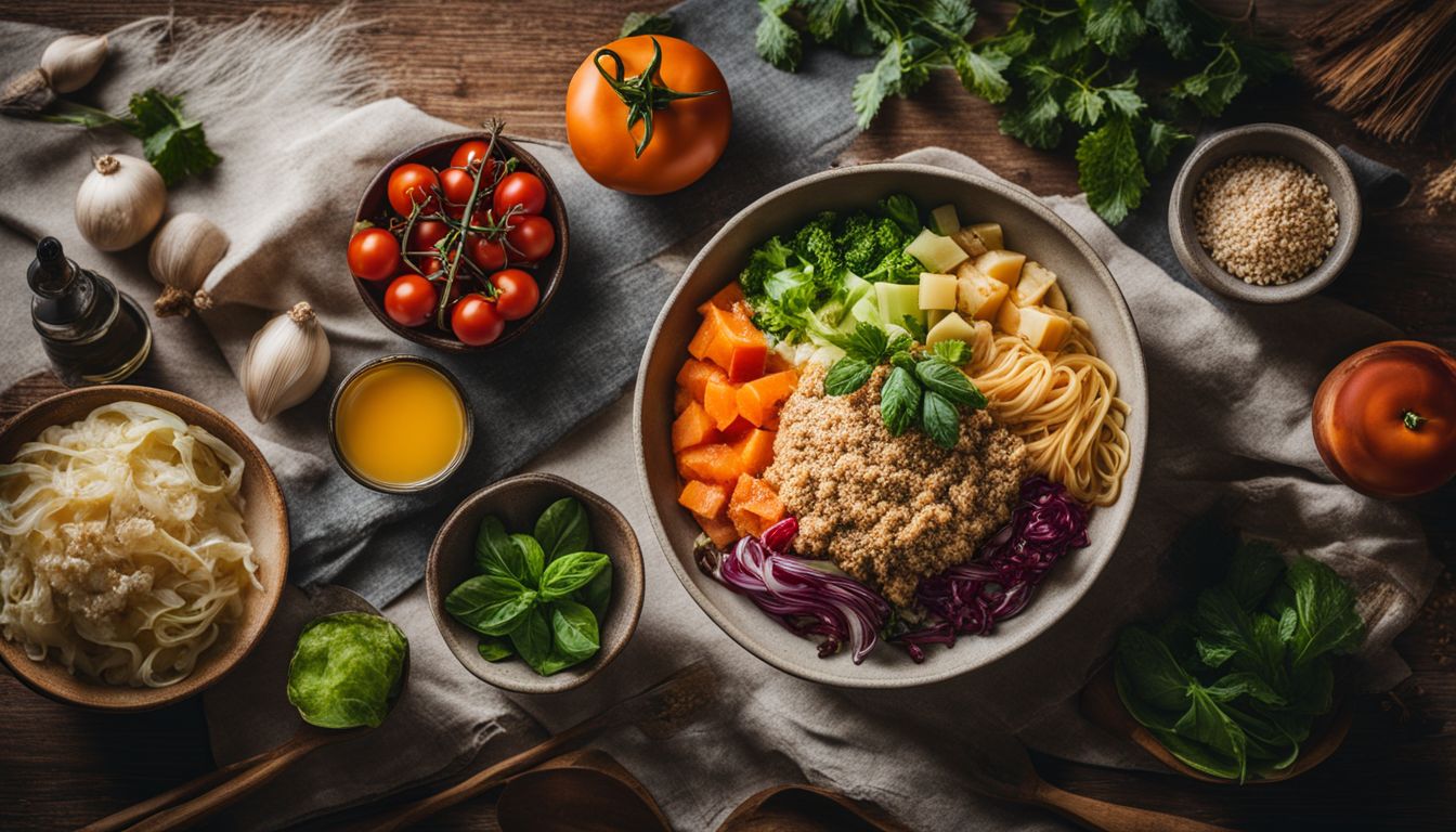 A photo of a bowl of nutritious food surrounded by cooking utensils and fresh ingredients.