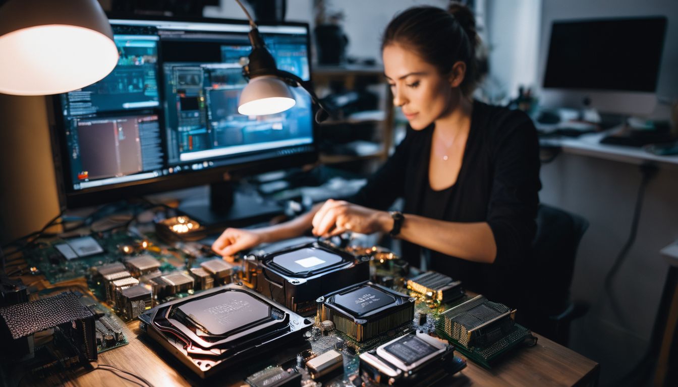 A person carefully applies thermal paste onto a CPU surrounded by computer components in a well-lit workspace.
