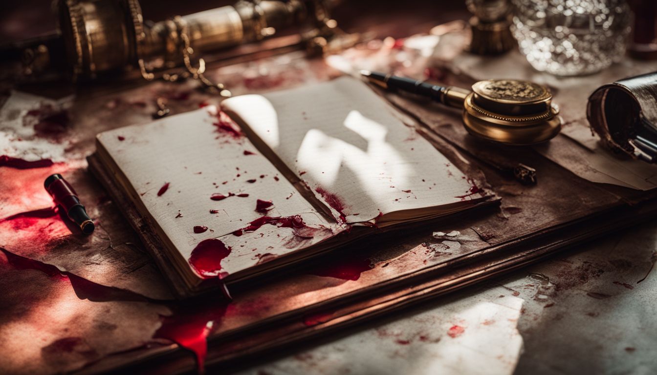 A blood-stained diary and broken pen on a vintage vanity table in a crime scene photo.