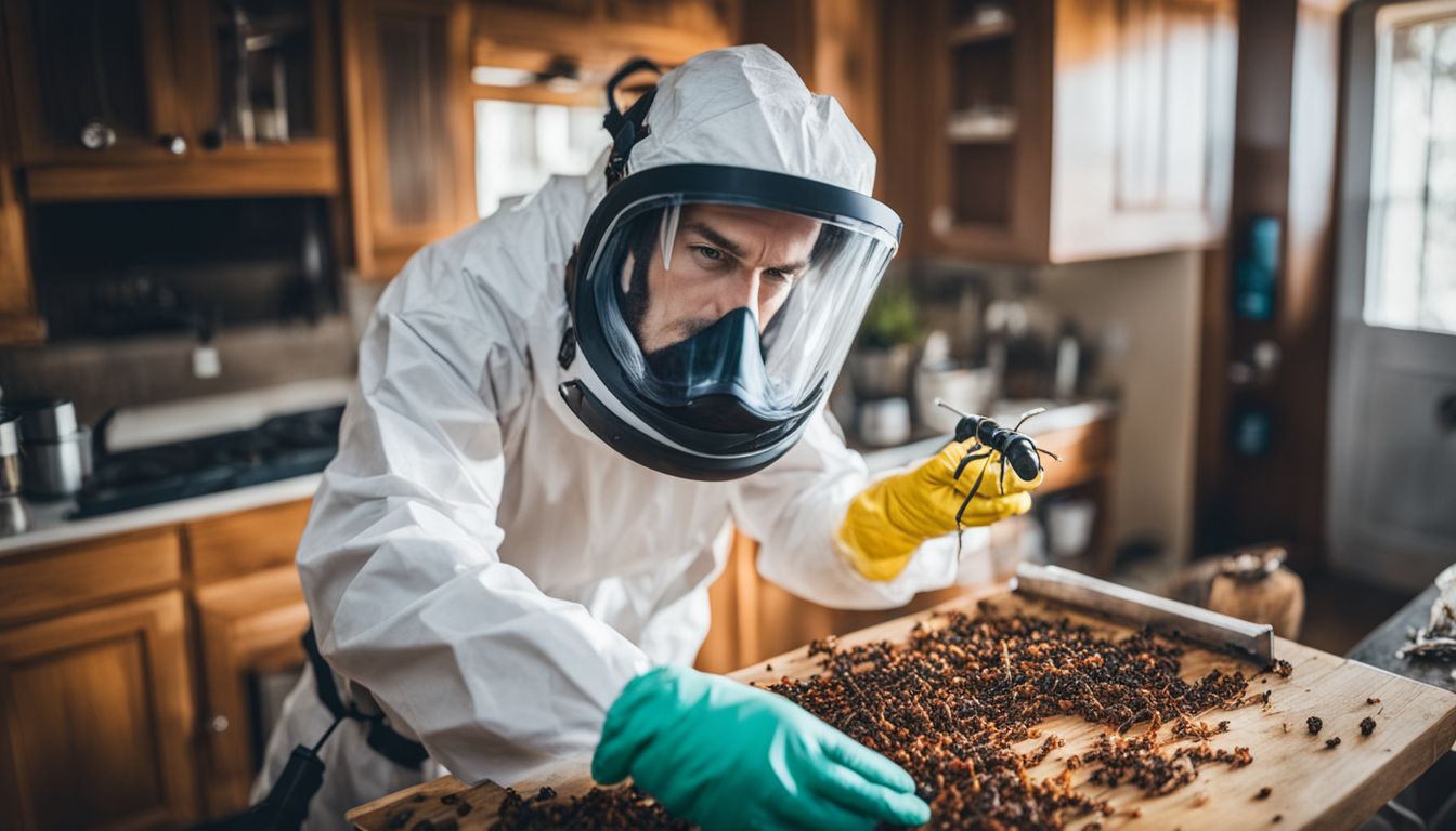 A professional exterminator inspects an ant-infested kitchen while wearing protective gear.