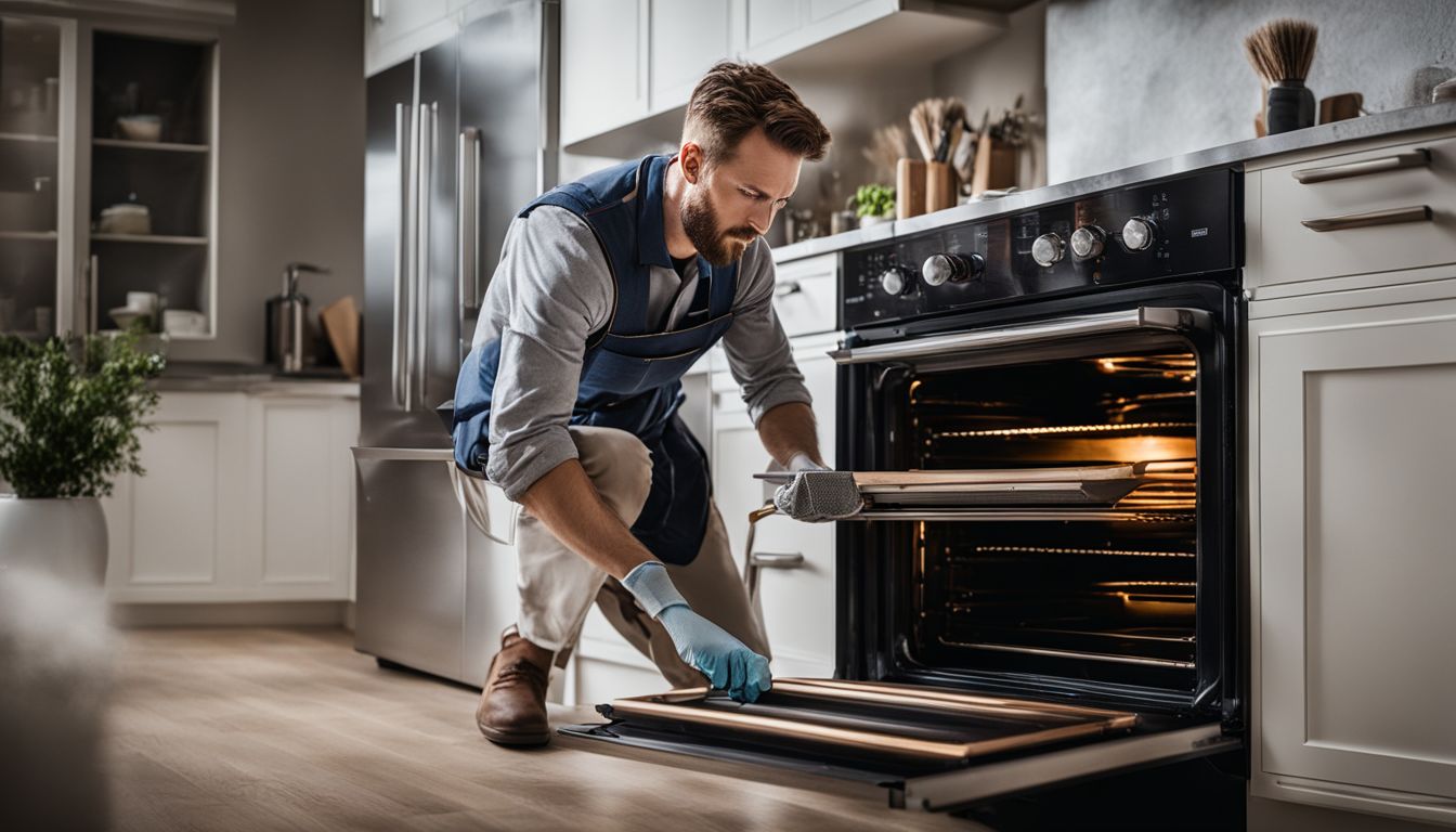 A professional cleaner inspects an oven with cleaning tools and equipment in a busy atmosphere.