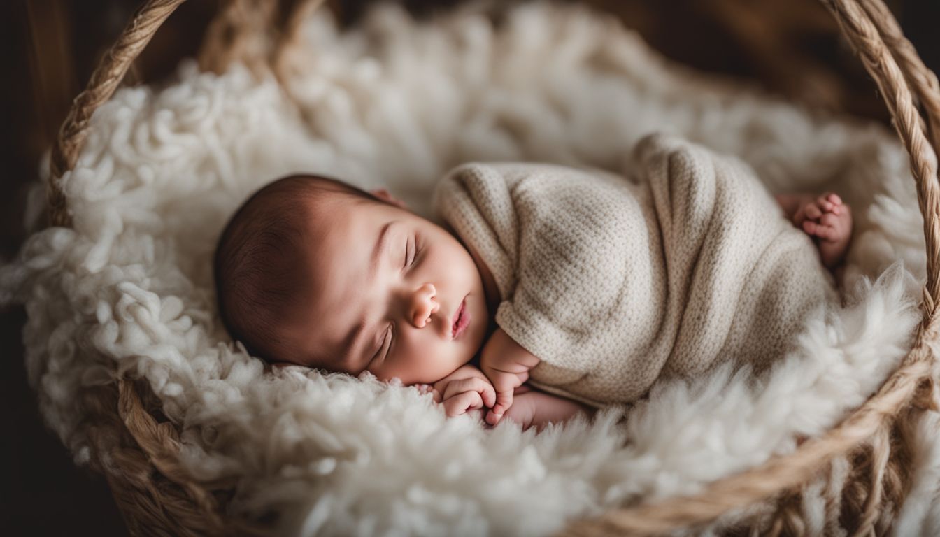 A peaceful newborn baby sleeping in a cozy cradle surrounded by soft blankets and toys.