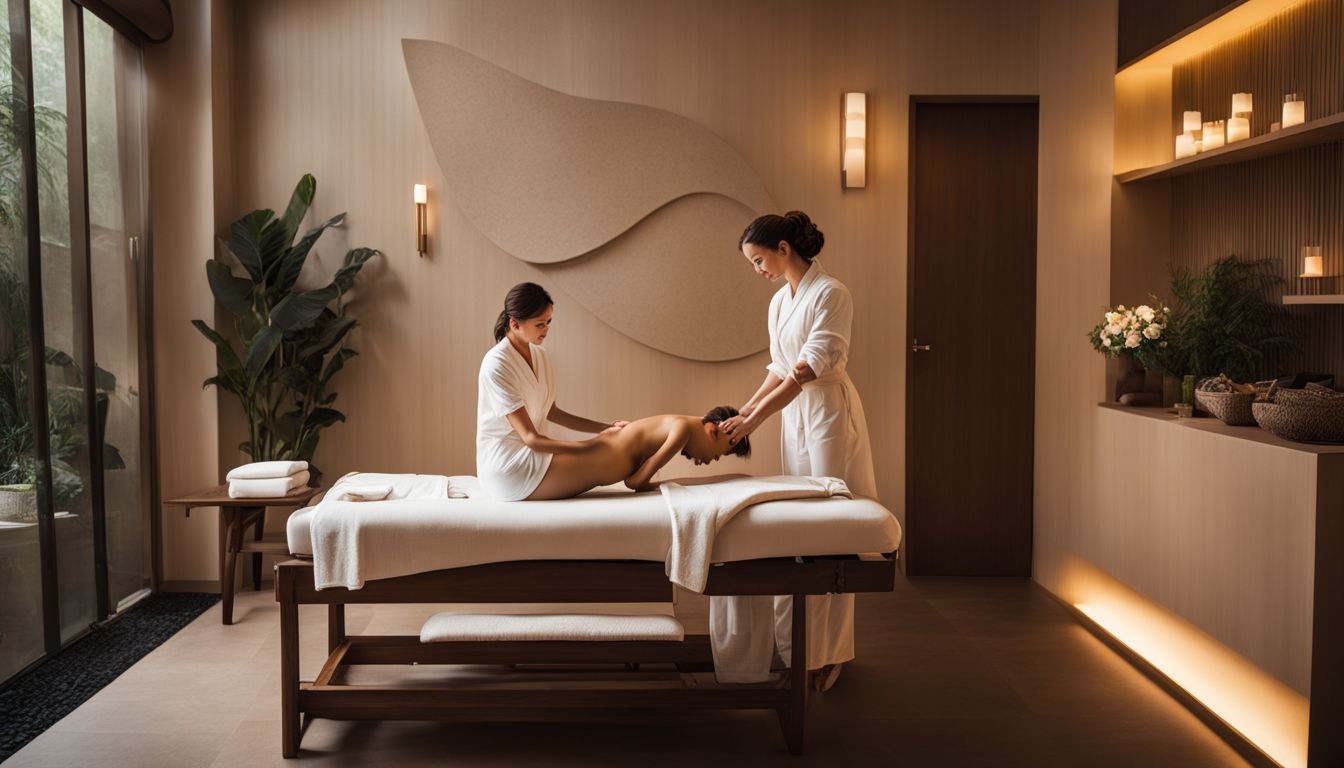 A spa room with a masseuse giving a massage to a client while other people are present in the room.