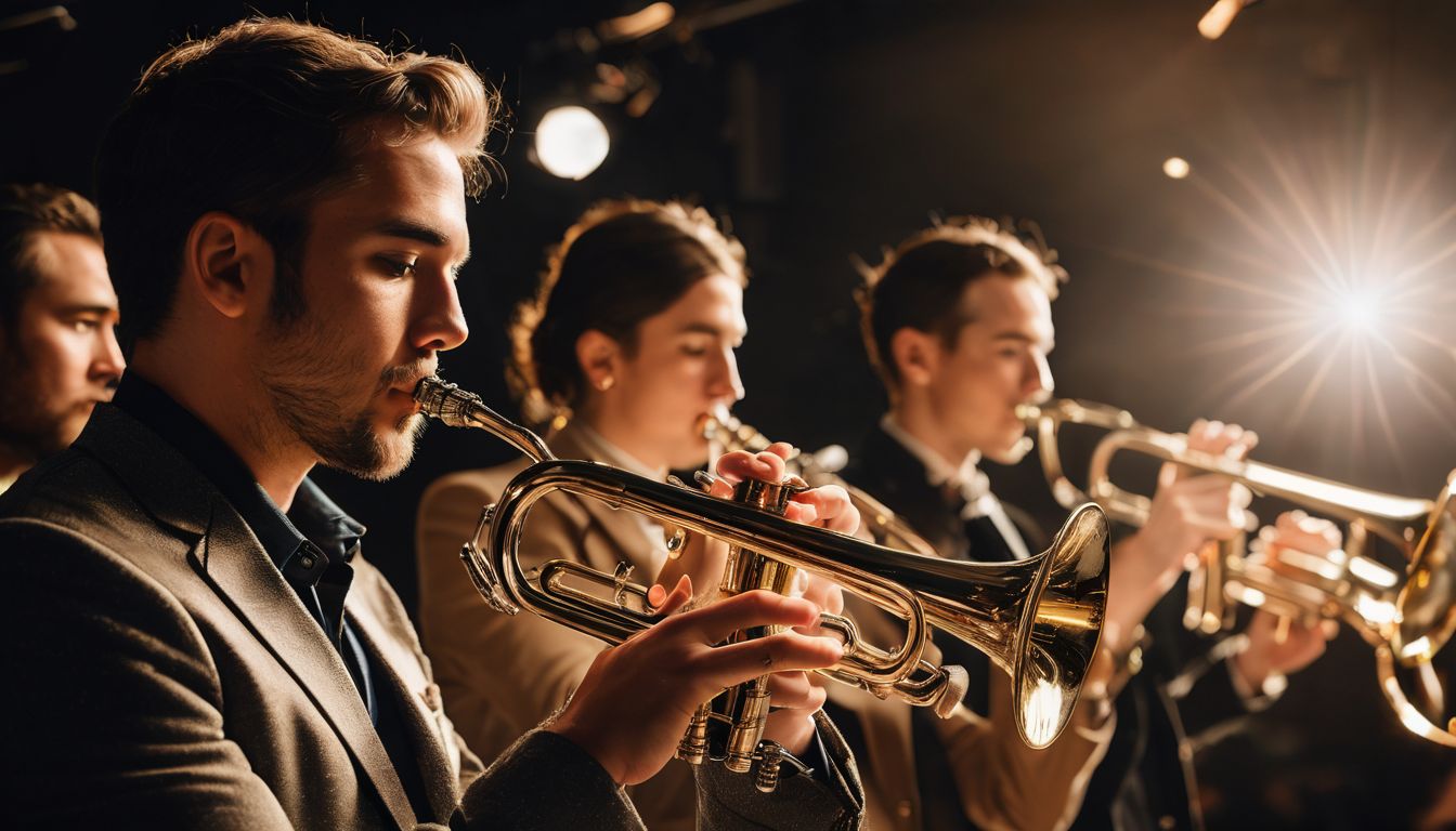 A diverse group of trumpet players performing together in a music studio.