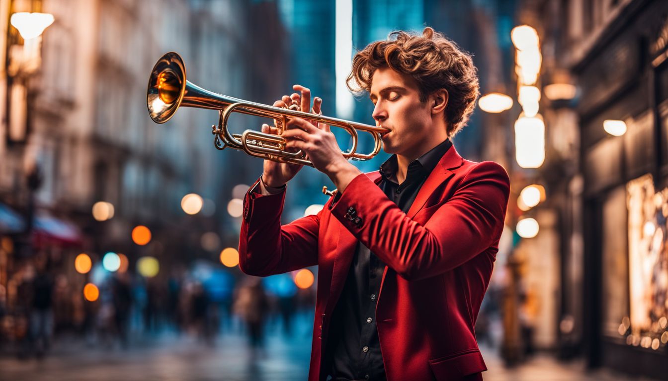 A young musician playing the trumpet on a vibrant city street surrounded by diverse faces and bustling atmosphere.