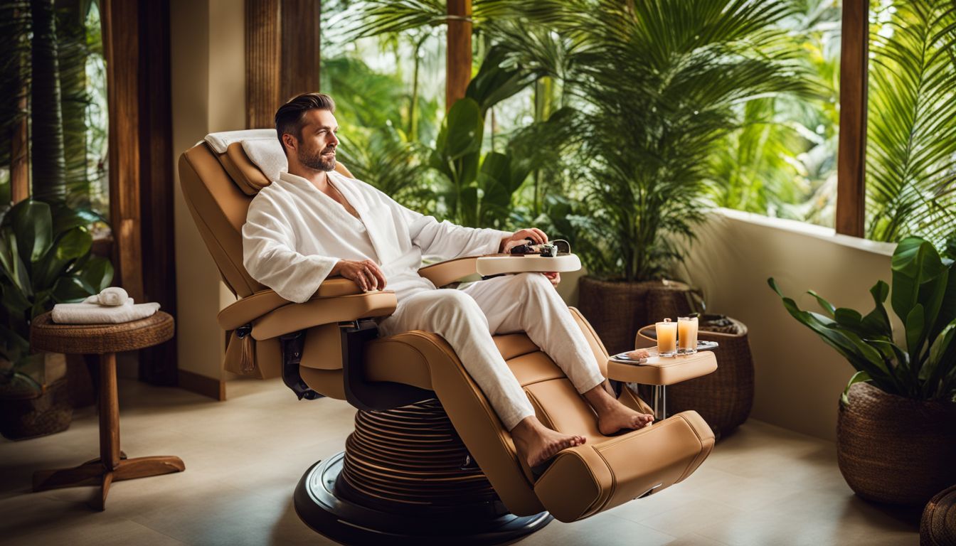 A man enjoying a men's pedicure in a tropical-themed spa environment.