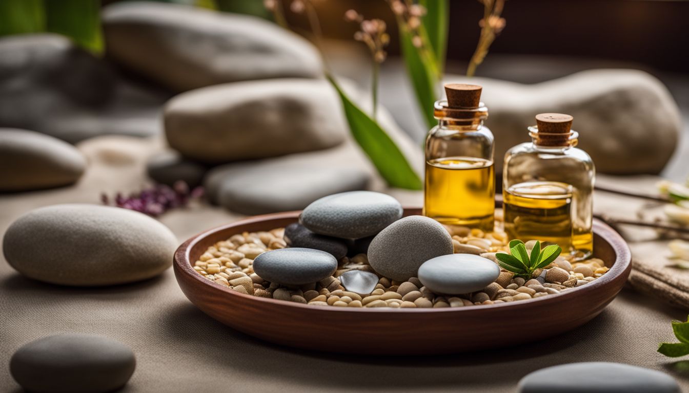 A picturesque zen garden with massage stones and essential oils featuring a diverse group of individuals.