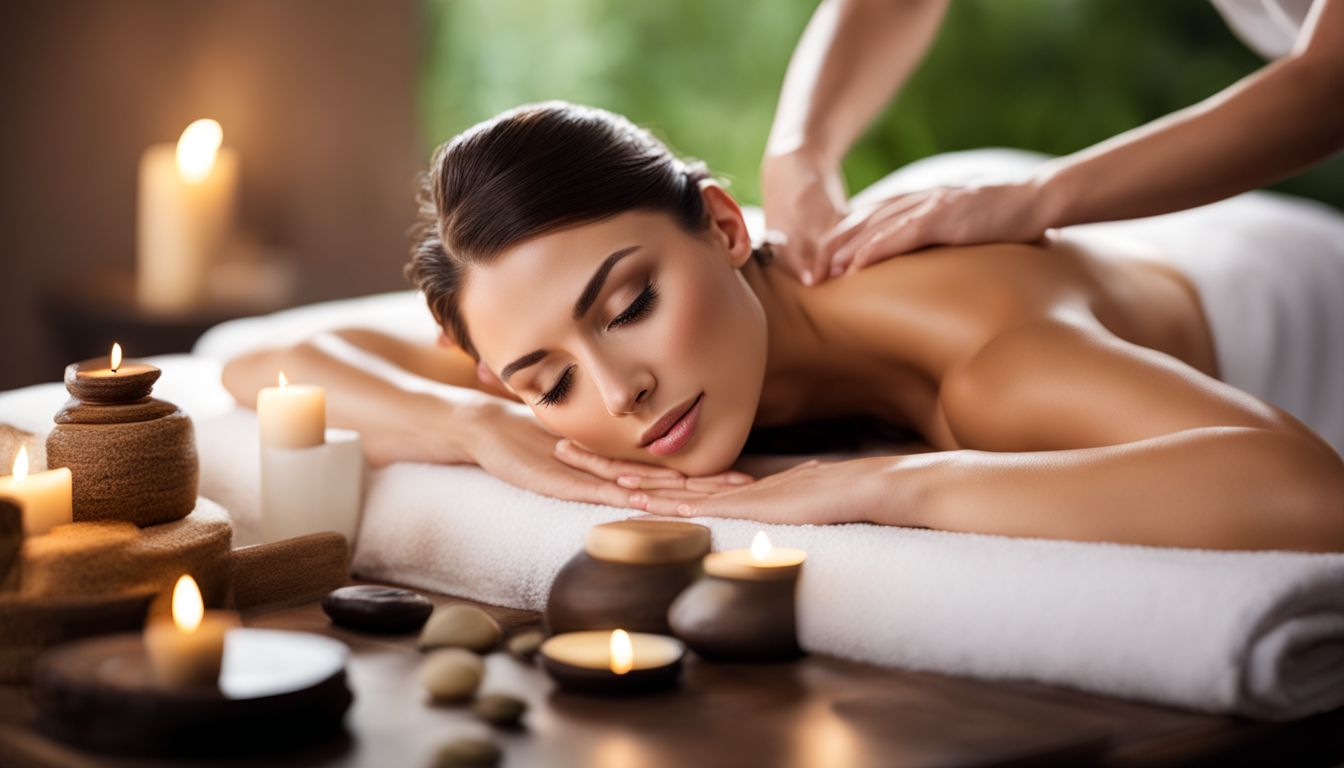 A photo of a therapist showcasing massage techniques in a serene spa setting with various people, hairstyles, and outfits.