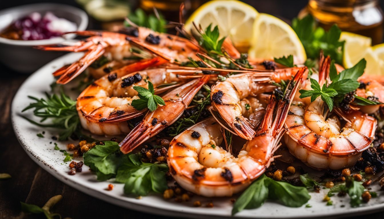 A mouth-watering close-up of a plate filled with grilled tiger prawns surrounded by vibrant herbs and spices.