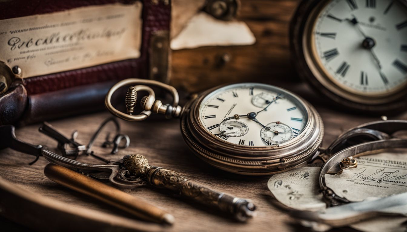 The photo showcases an antique pocket watch with its authentication certificate surrounded by vintage watchmaking tools.