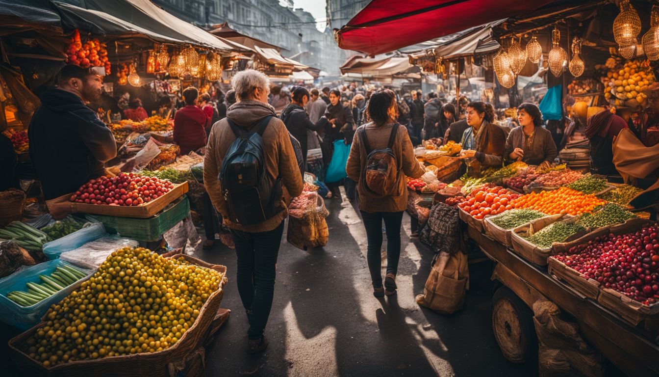 A vibrant street market with diverse stalls and bustling atmosphere captured in a high-quality photograph.