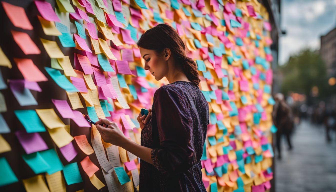 A person writing on a checklist board with colorful sticky notes.