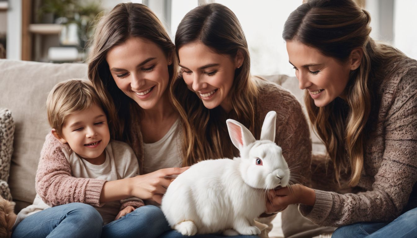 A happy family grooming their pet rabbit in their cozy living room.