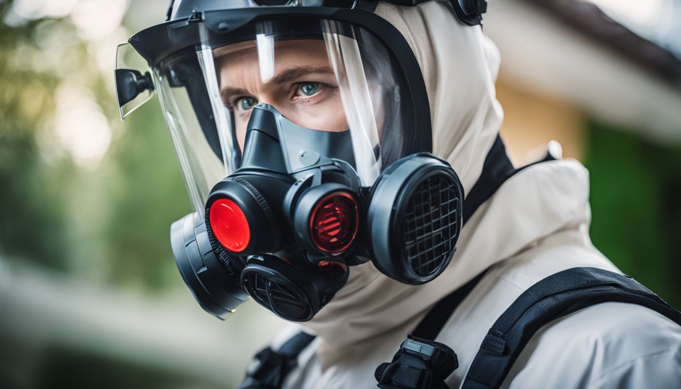 An exterminator wearing protective gear inspects a home for pests in a highly detailed and realistic photograph.