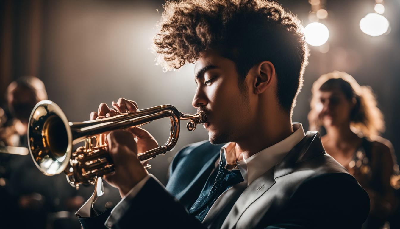 A young musician plays a trumpet solo in a modern music studio, surrounded by a bustling atmosphere.