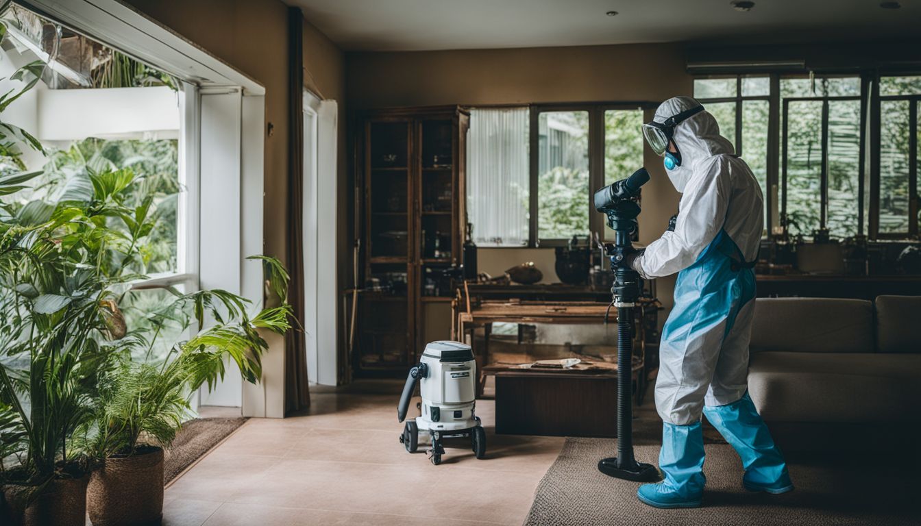 An exterminator in protective gear inspecting a Singaporean home for ant infestation.