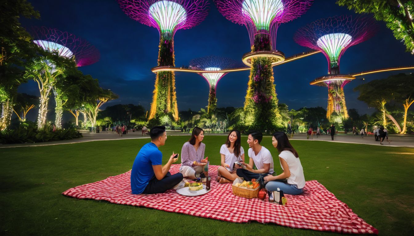 A group of diverse friends enjoying a picnic under the Supertrees at Gardens by the Bay.