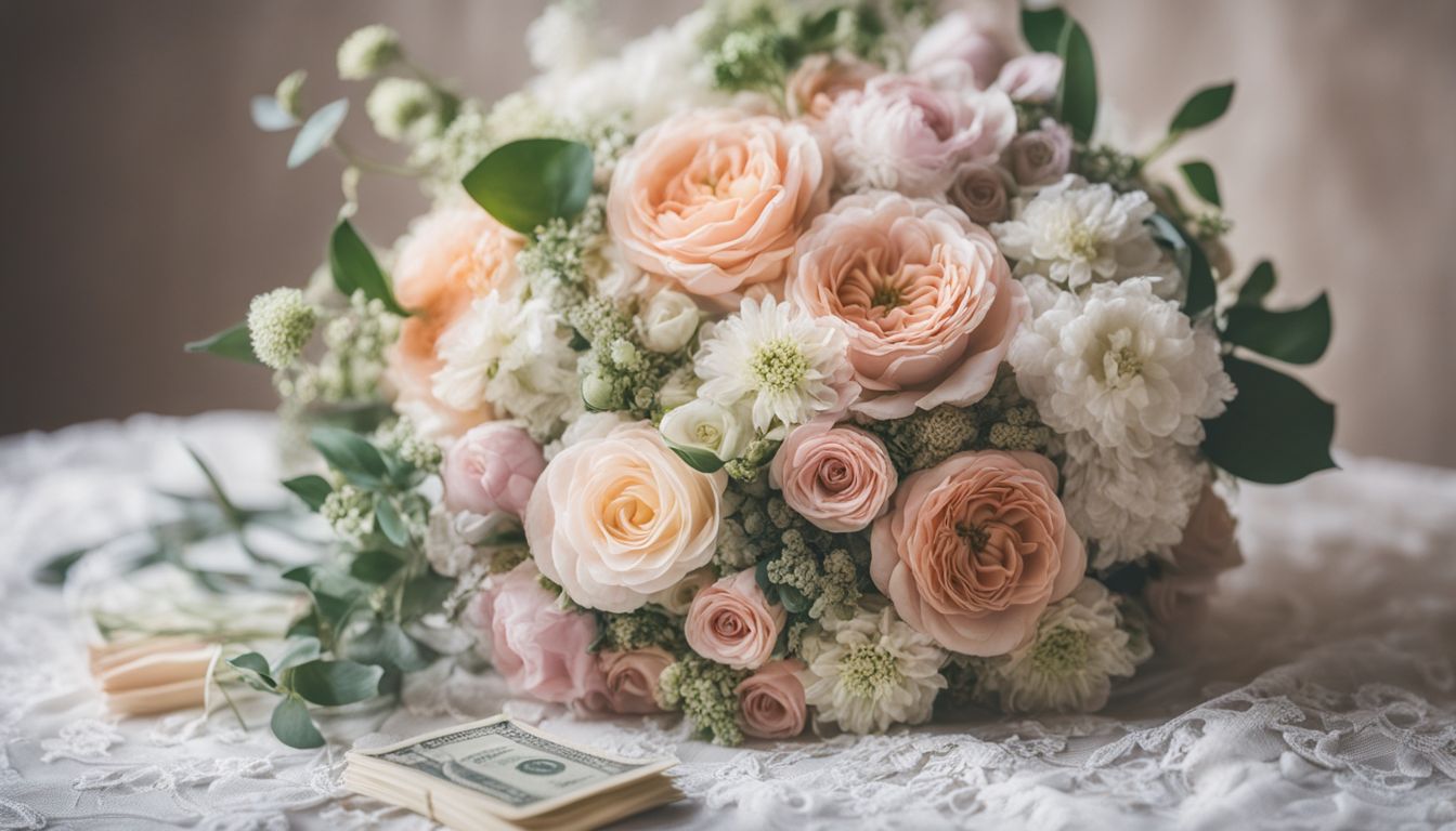 A beautiful money bouquet surrounded by flowers and set on a lace tablecloth, captured in a stunning photograph.