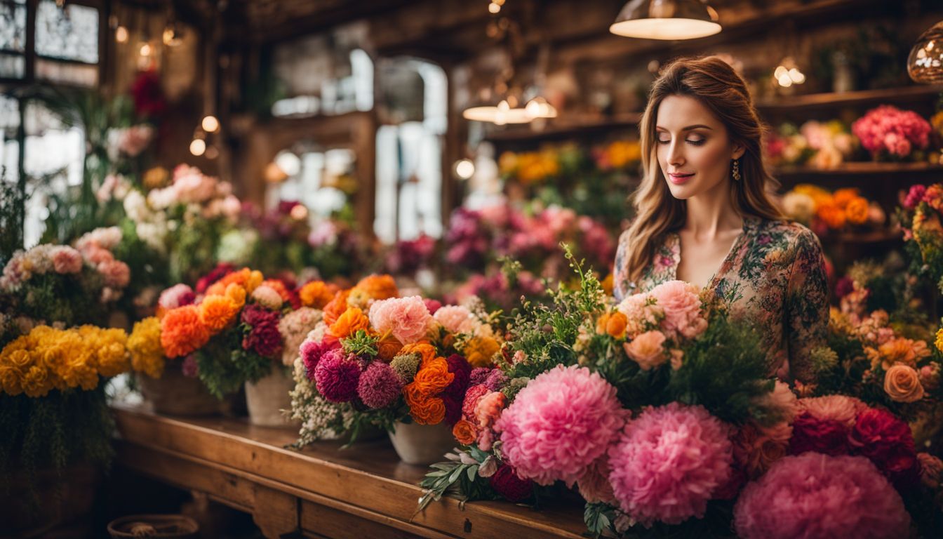 A colorful floral arrangement in a busy traditional floral shop, captured in high resolution.