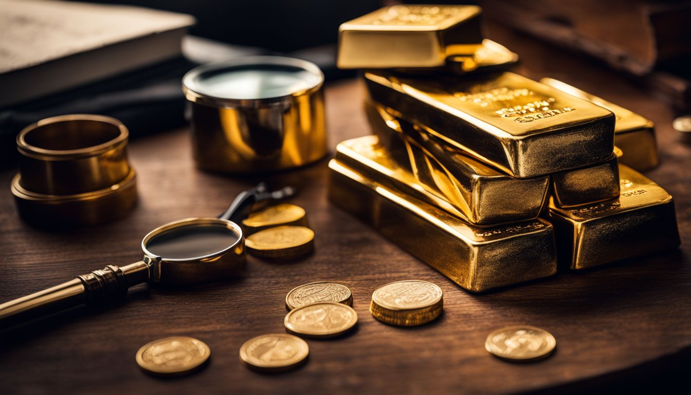 A photo of a stack of gold bars with a magnifying glass on a vintage desk.