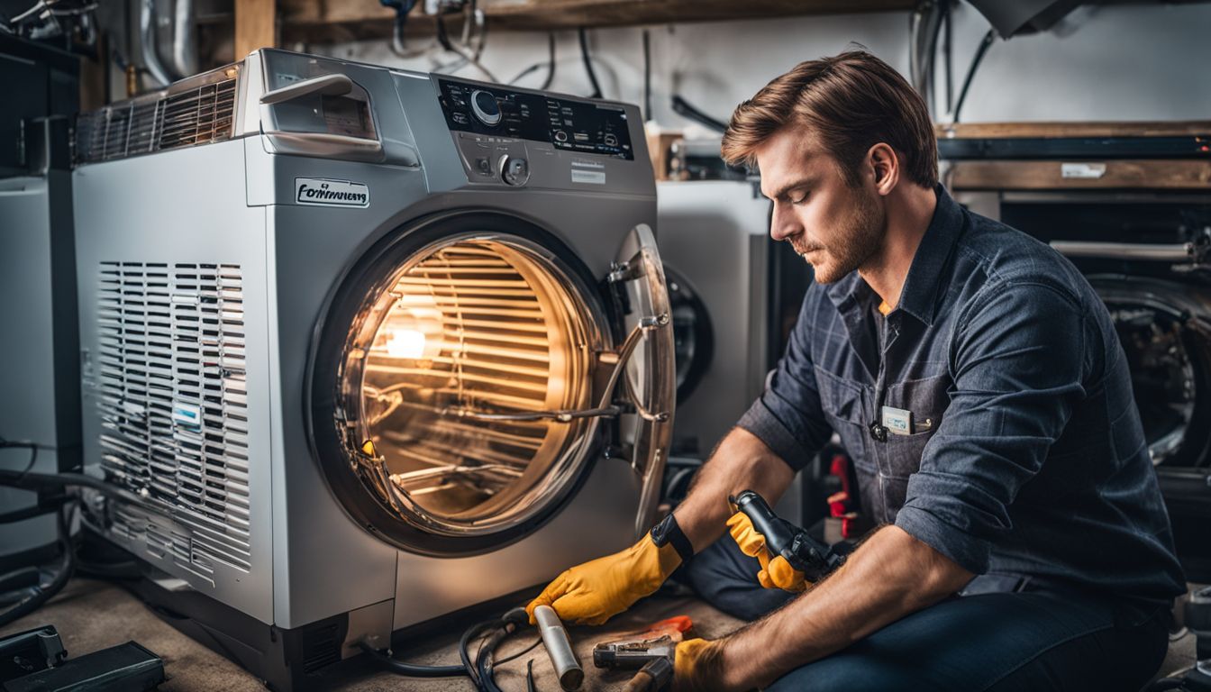 A technician repairs a gas dryer surrounded by tools and equipment in a bustling atmosphere.